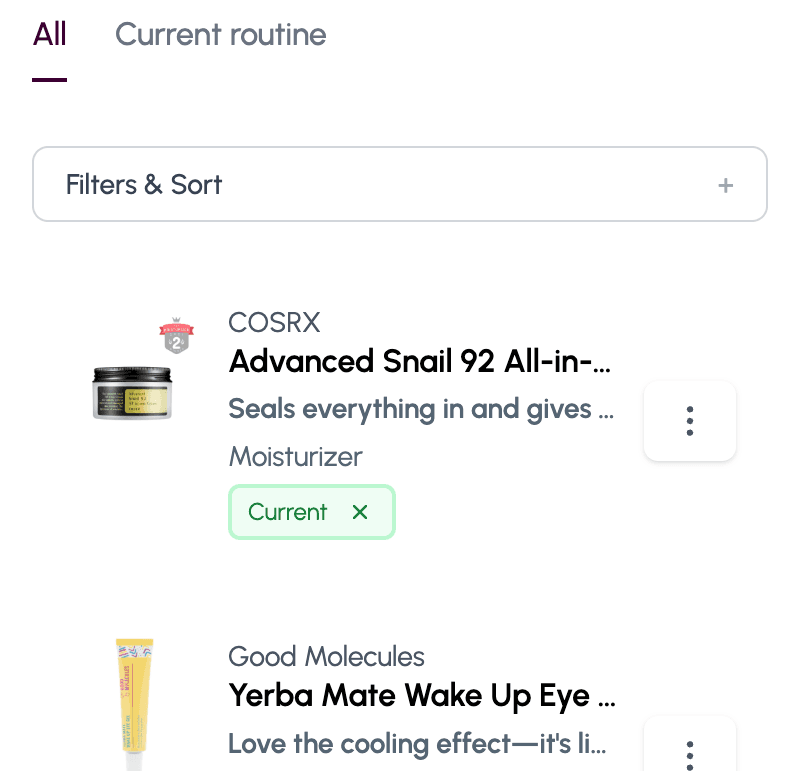 Skincare shelf view with product notes